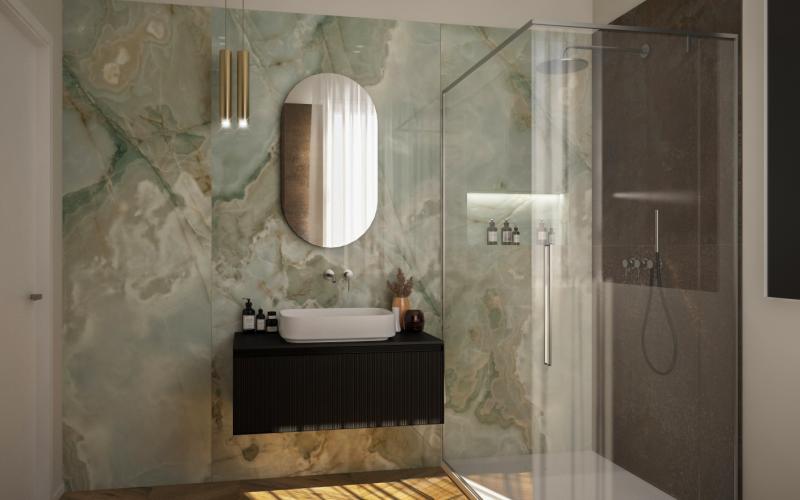 Bagno moderno ed elegante a effetto marmo, progettazione a Vicenza