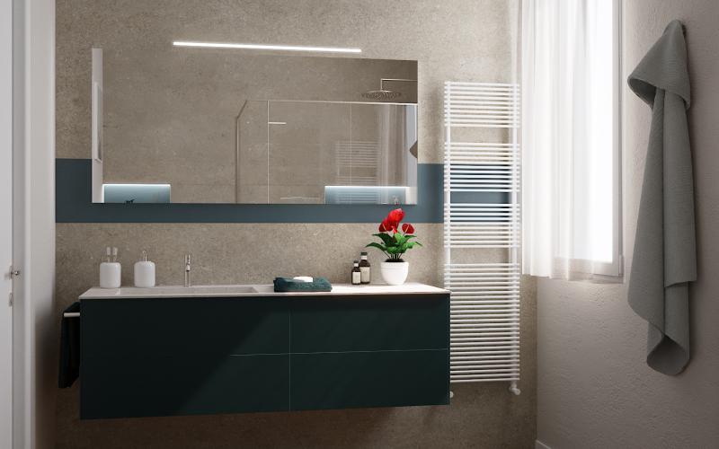 Progetto di un bagno moderno con gres, legno e colore