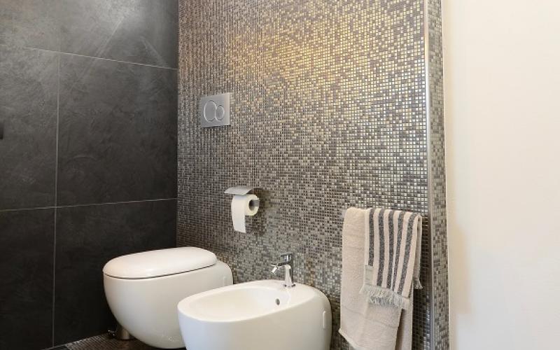 modern renovated bathroom dark mosaic tiles Verona
