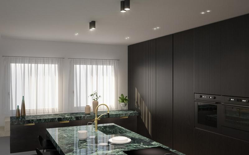 cucina moderna eclettica nera e verde effetto marmo