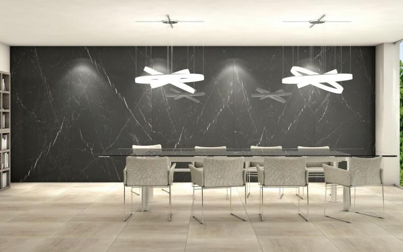 Project for a meeting room with large marble-effect stoneware slabs
