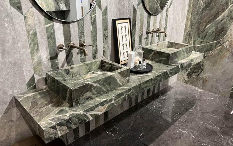 Lavabo doppio in grès effetto marmo verde