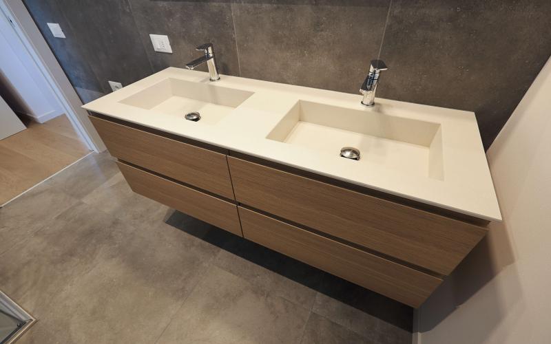 Rustic wooden shelf and square basin bathroom furniture in vicenza