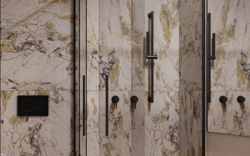 Progetto bagno con doccia in lastre effetto marmo a Verona