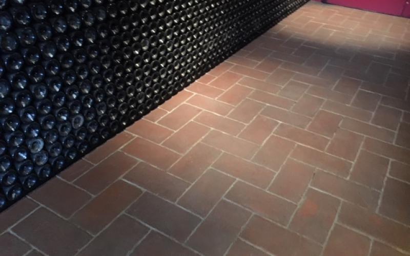 Terracotta floor in a wine cellar, tasting area