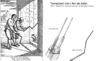 Terrazzieri che posano la veneziana ed i loro strumenti